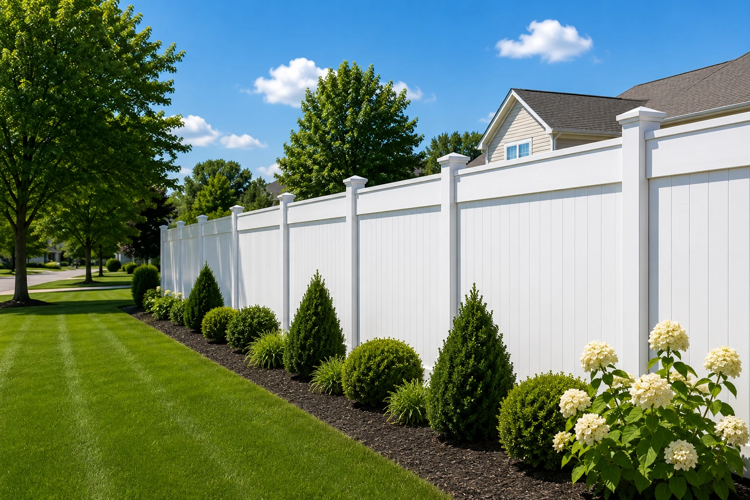 Vinyl privacy fence installation in Troy Ohio residential neighborhood